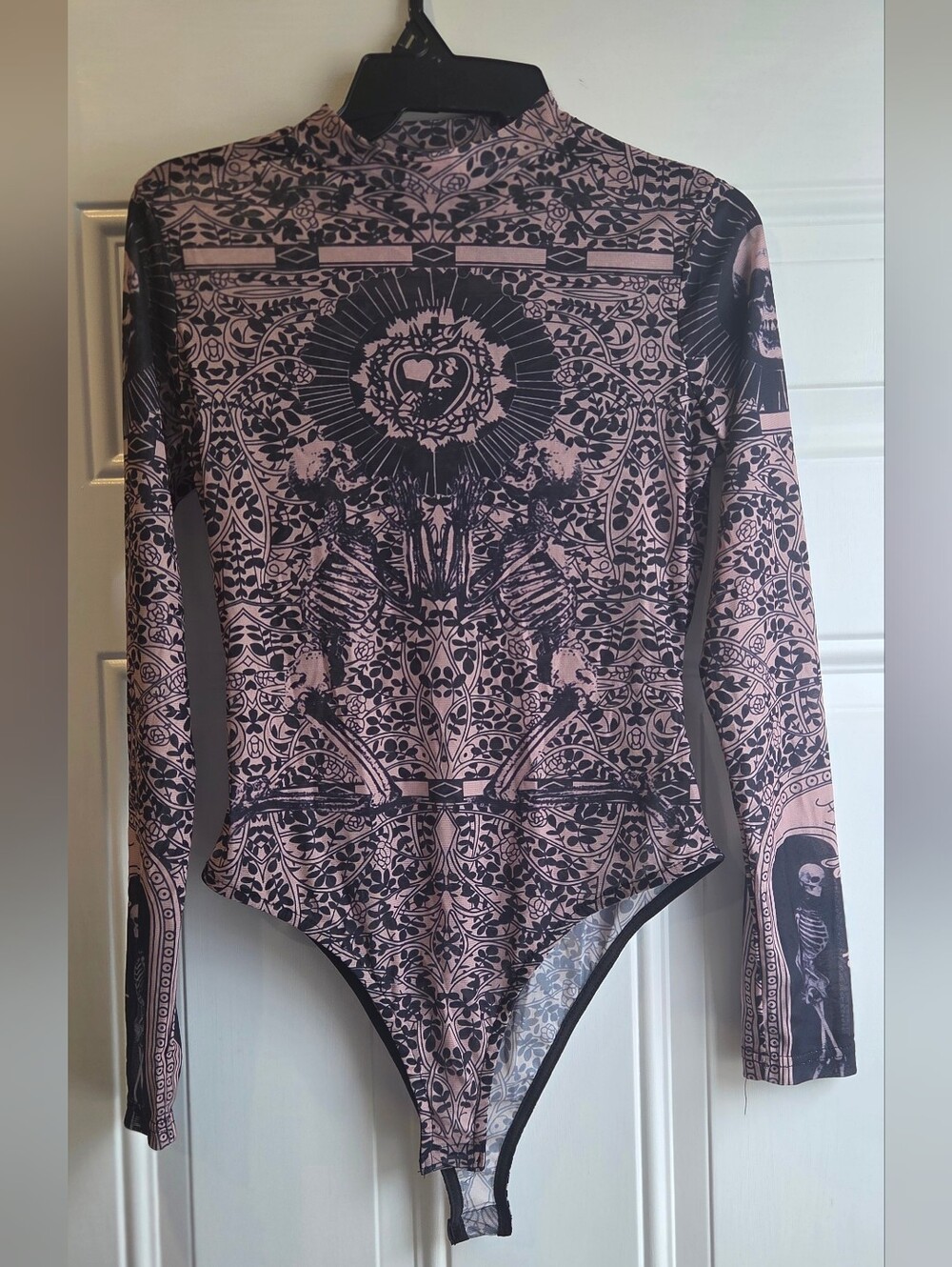 Mesh Beige and Black Gothic Print Long-Sleeve Bodysuit - No Size Tag
